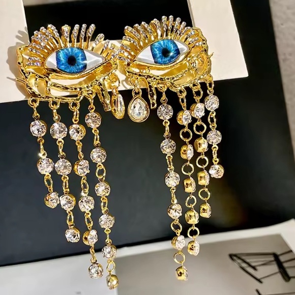 Unique blue evil Eye-Shaped Gold and Blue Statement Earrings - Picture 5 of 5